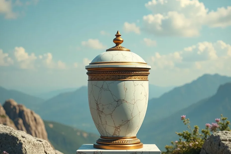 Una bellissima urna cineraria bianca in un panorama montano.