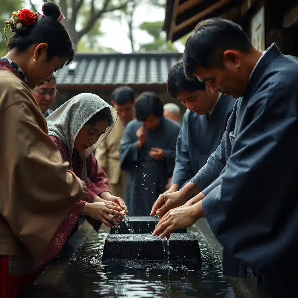 Momento simbolico della cerimonia funebre shintoista: i familiari del defunto partecipano a un rito di purificazione con l'acqua, rispettando le antiche tradizioni religiose.