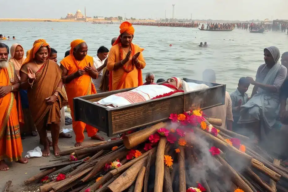 Una scena di funerale induista lungo il fiume Gange a Varanasi, con una pira funeraria accesa, membri della famiglia e partecipanti che assistono al rito.