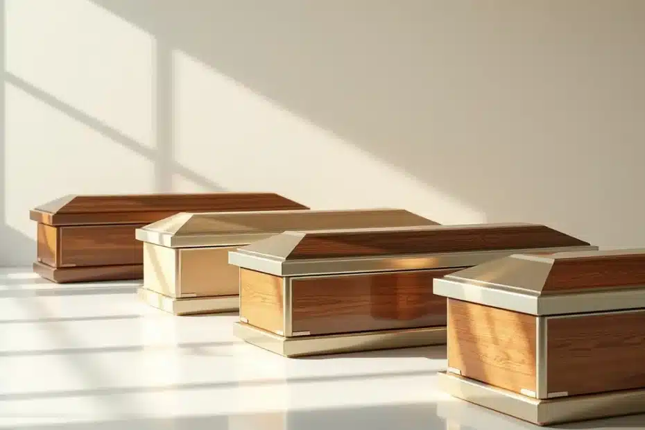 Selezione di bare in legno e metallo, con diverse finiture, illuminate da una luce morbida che trasmette serenità e rispetto