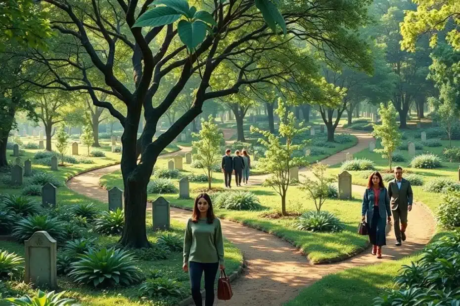 Cimitero verde con sentieri di terra che si snodano tra alberi. Alcuni parenti e amici camminano lungo i sentieri con espressioni serene e ossequiose.