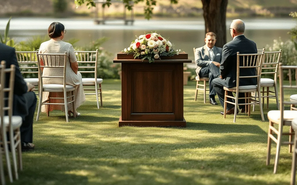 Un gruppo di persone riunite in un elegante ambiente all'aperto per un funerale laico