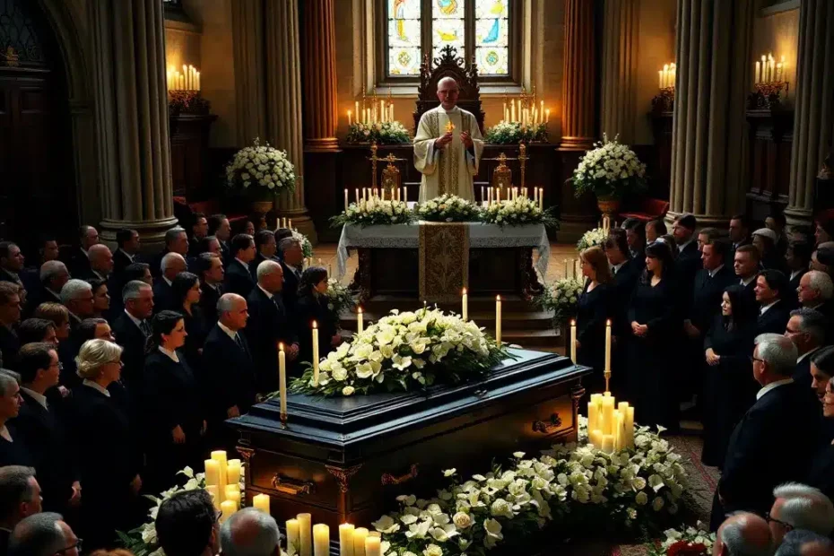 Funerale tradizionale in una chiesa, con un feretro di legno scuro circondato da candele accese e fiori bianchi. I partecipanti, vestiti di nero, sono riuniti in silenzio mentre un sacerdote celebra la messa funebre.