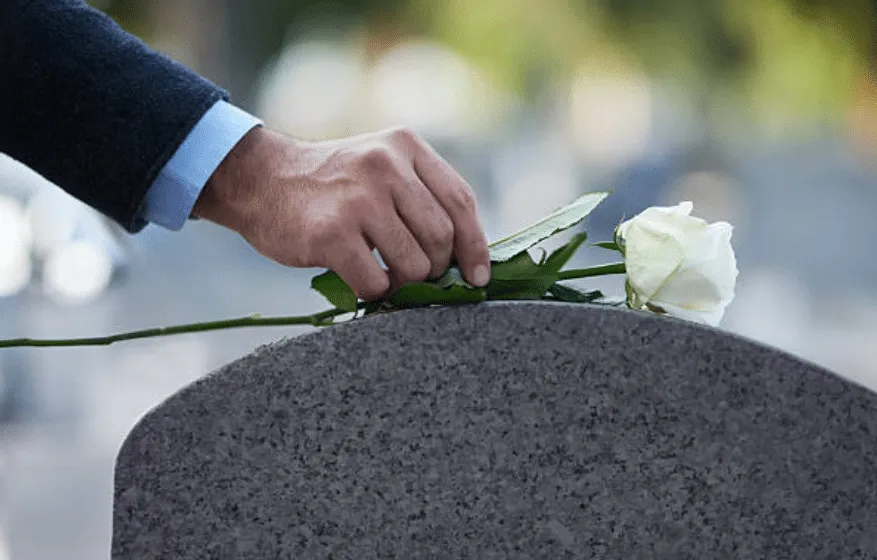 Mano di un uomo pone una rosa bianca su una lapide
