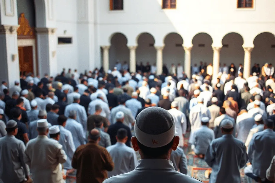 Una preghiera funebre islamica (salatul janazah) in un cortile della moschea, con uomini in file separate rivolti verso la Mecca, in un ambiente dignitoso e solenne.