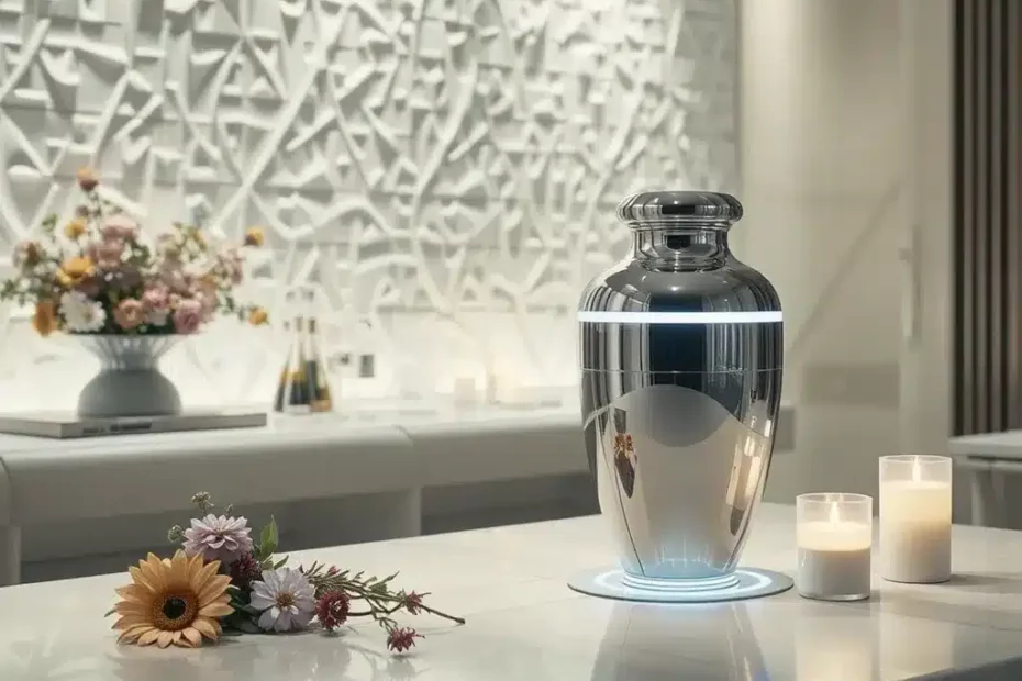 Un’urna cineraria dal design innovativo, realizzata con acciaio cromato e una luce a led. L’urna è posta su un tavolo elegante in un ambiente super moderno.